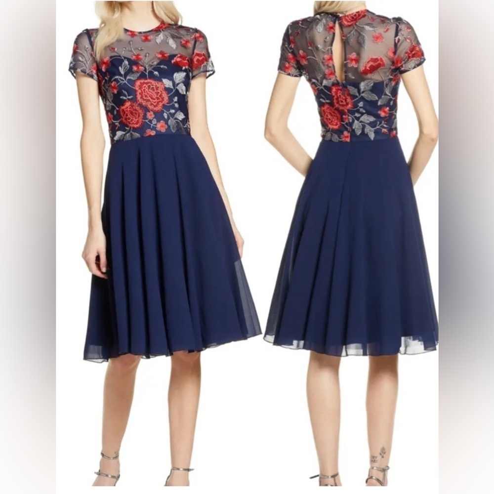 Chi Chi London Meryn Embroidered Chiffon‎ Cocktail Dress in Navy NWOT